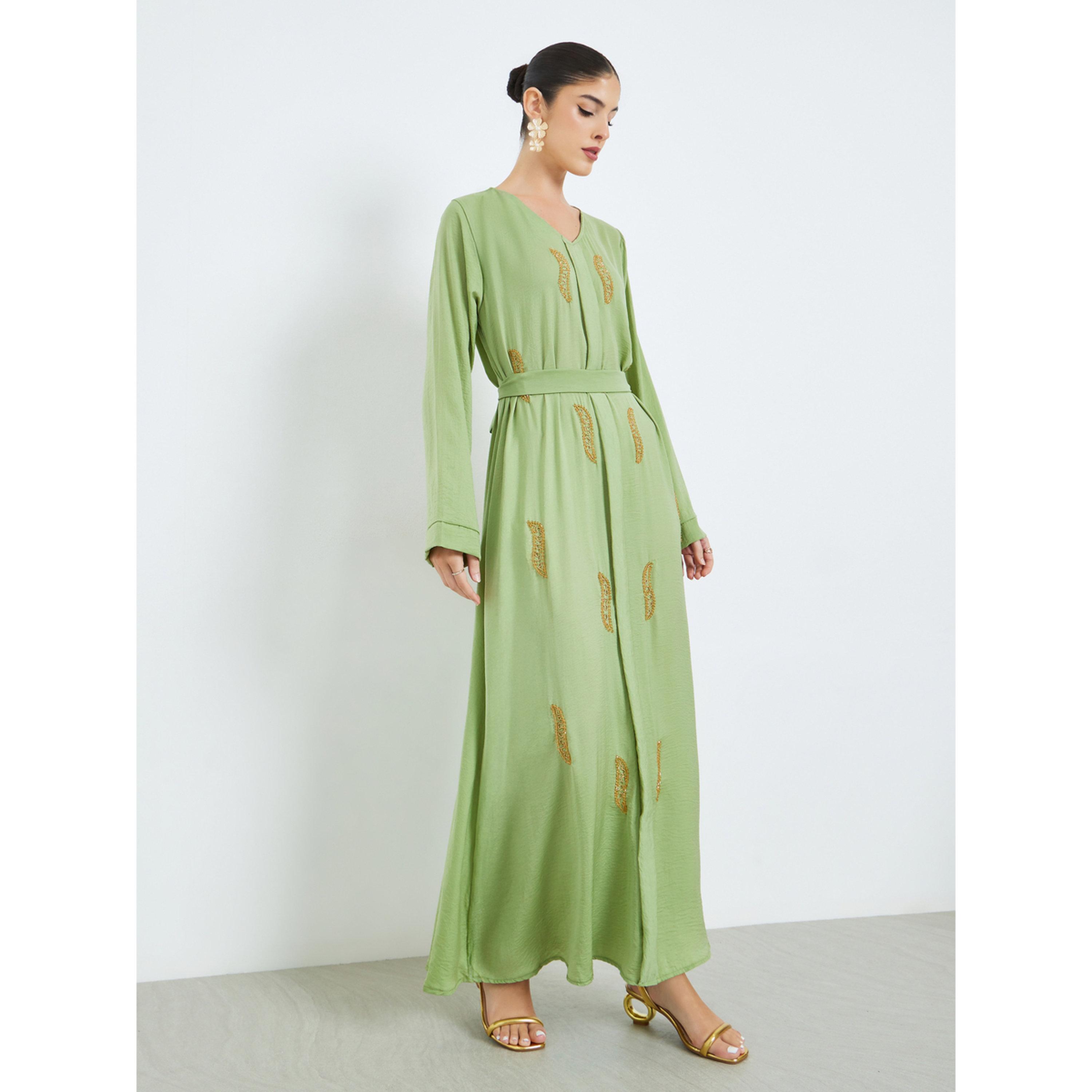 Styli Green Beaded Panel Jalabiya with Tie-Belt-women-arabicclothing-jalabiyas-image-3