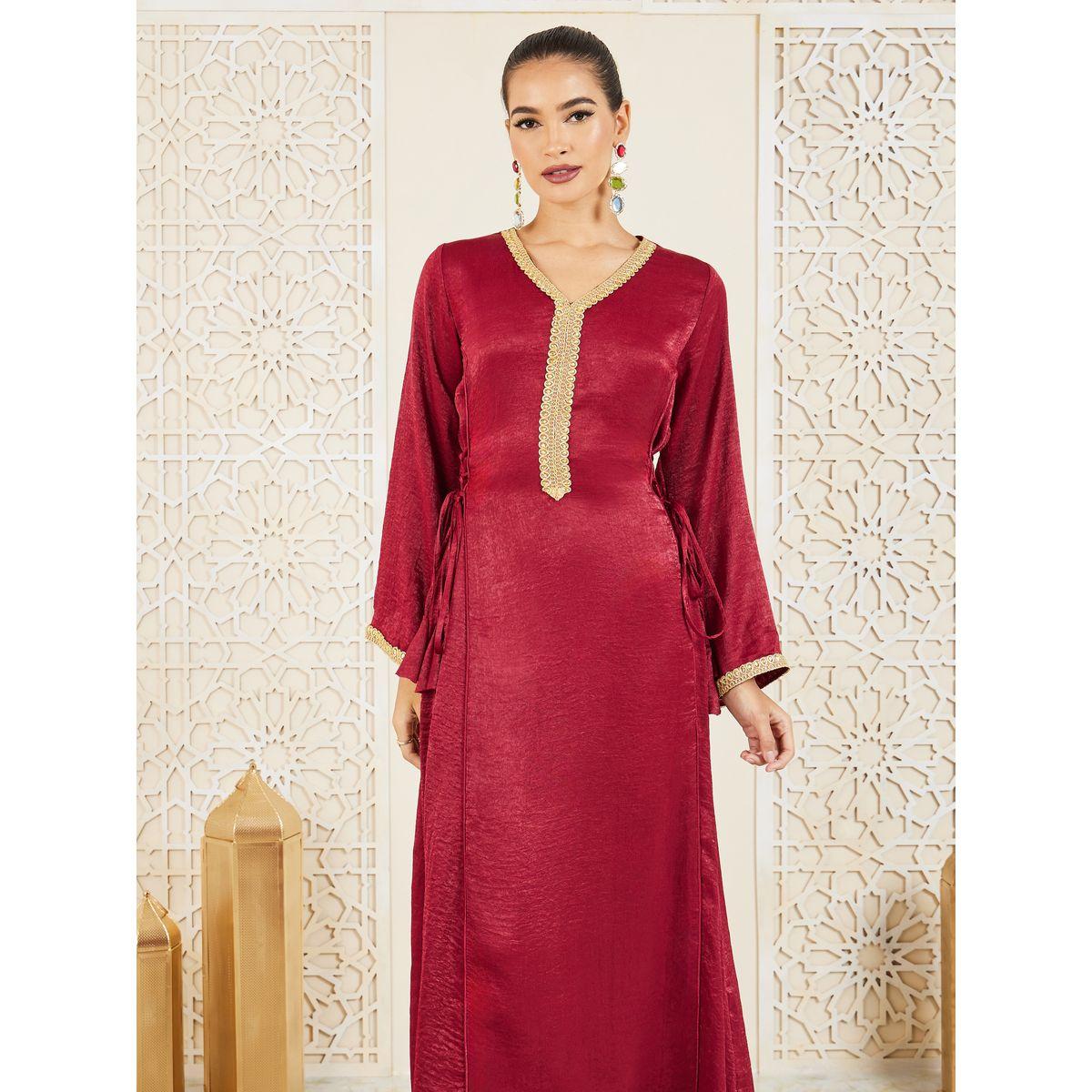 Styli Satin Embroidered Lace Detail Side Tie Up Jalabiya-women-arabicclothing-jalabiyas-image-2