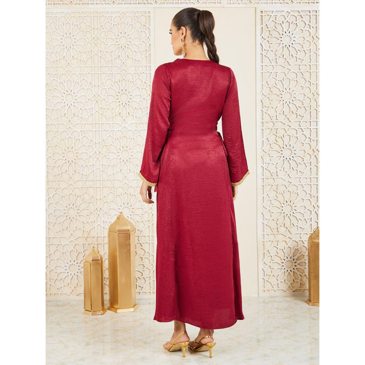 Styli Satin Embroidered Lace Detail Side Tie Up Jalabiya-women-arabicclothing-jalabiyas-image-4