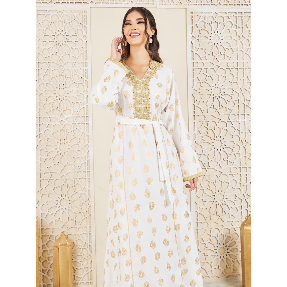 Styli Foil Print Embroidered Neck Jalabiya with Self Tie Up-women-arabicclothing-jalabiyas-image-2