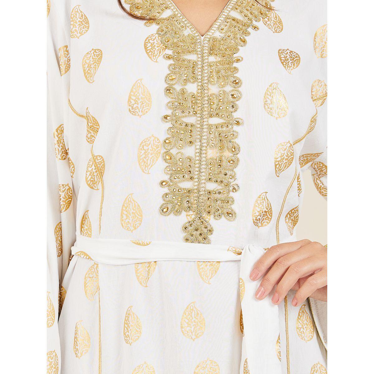 Styli Foil Print Embroidered Neck Jalabiya with Self Tie Up-women-arabicclothing-jalabiyas-image-4