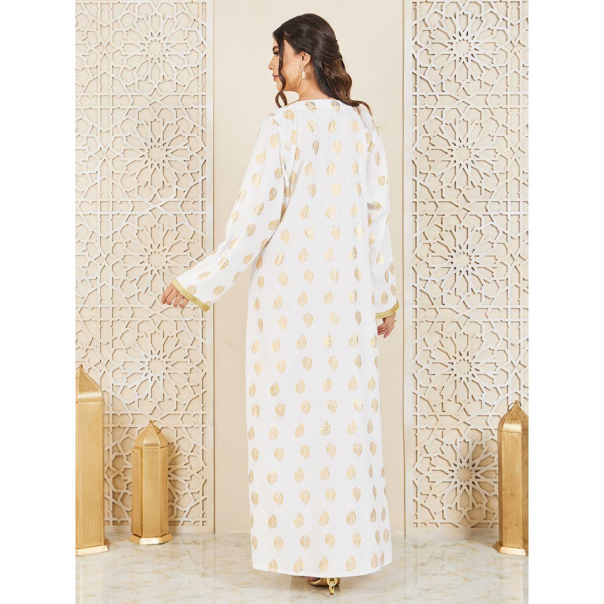 Styli Foil Print Embroidered Neck Jalabiya with Self Tie Up-women-arabicclothing-jalabiyas-image-5