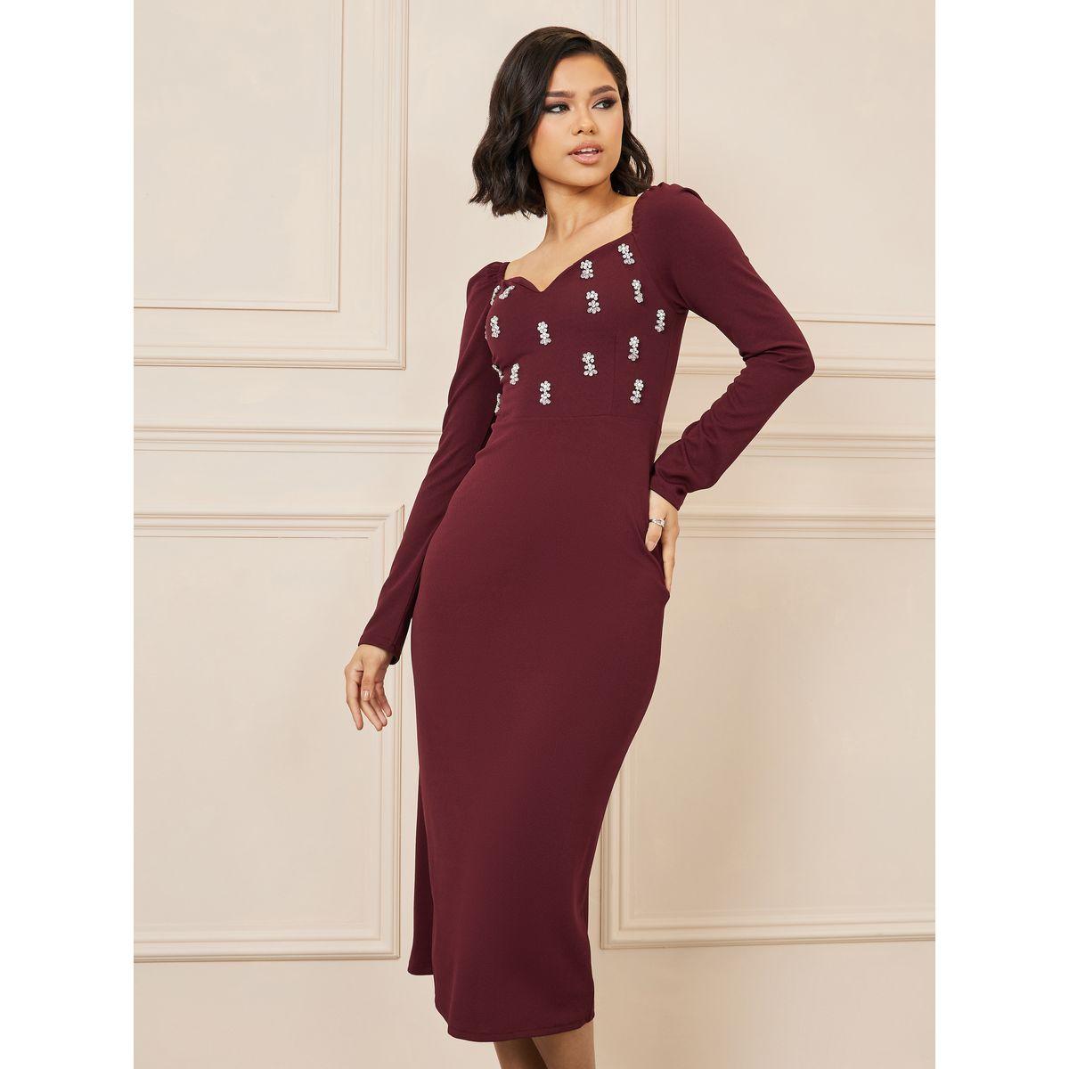 فستان ميدي ضيق بياقة على شكل قلب-women-clothing-dresses-image-2