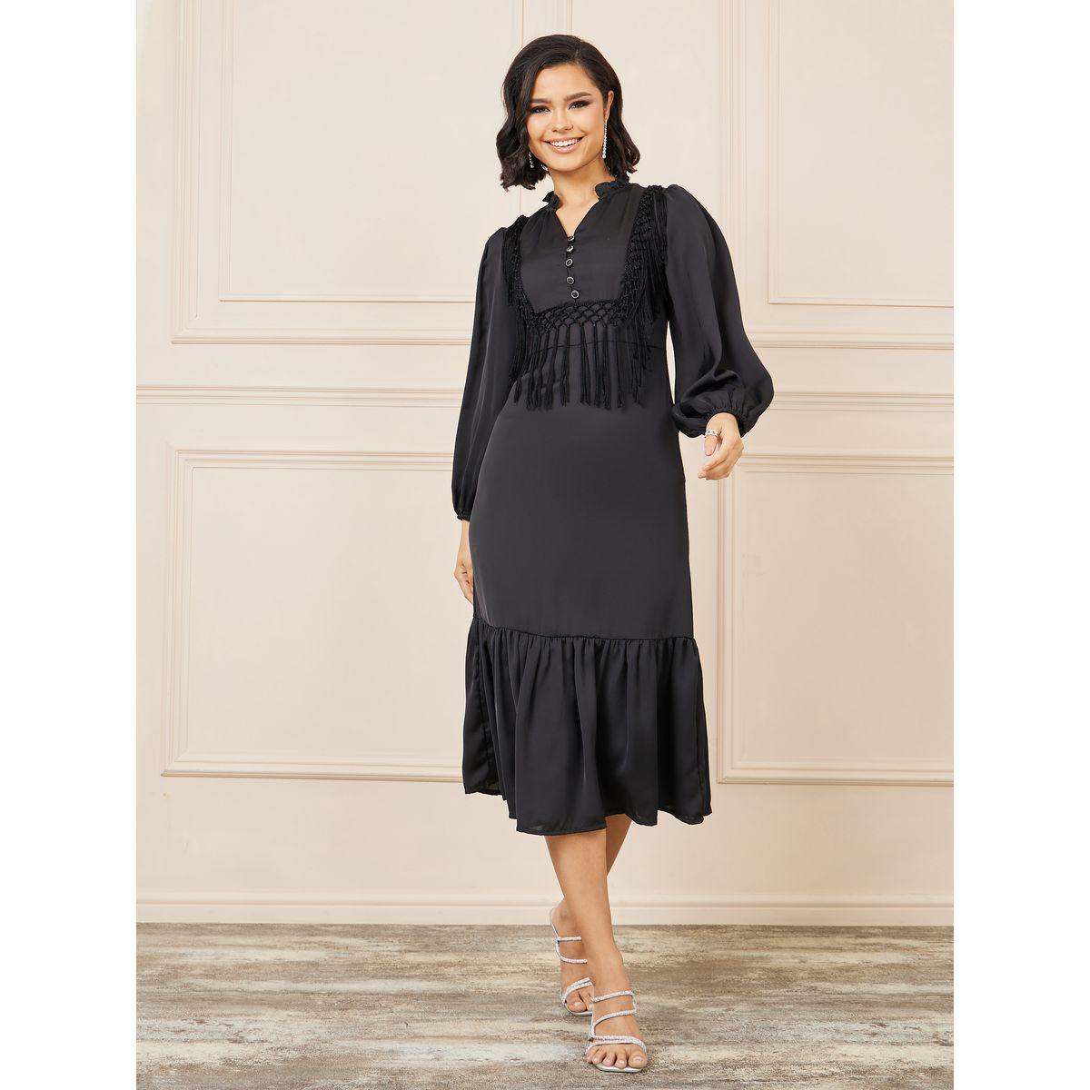 Styli Tassel Detail Notch Neck A-line Midi Dress-women-clothing-dresses-image-1