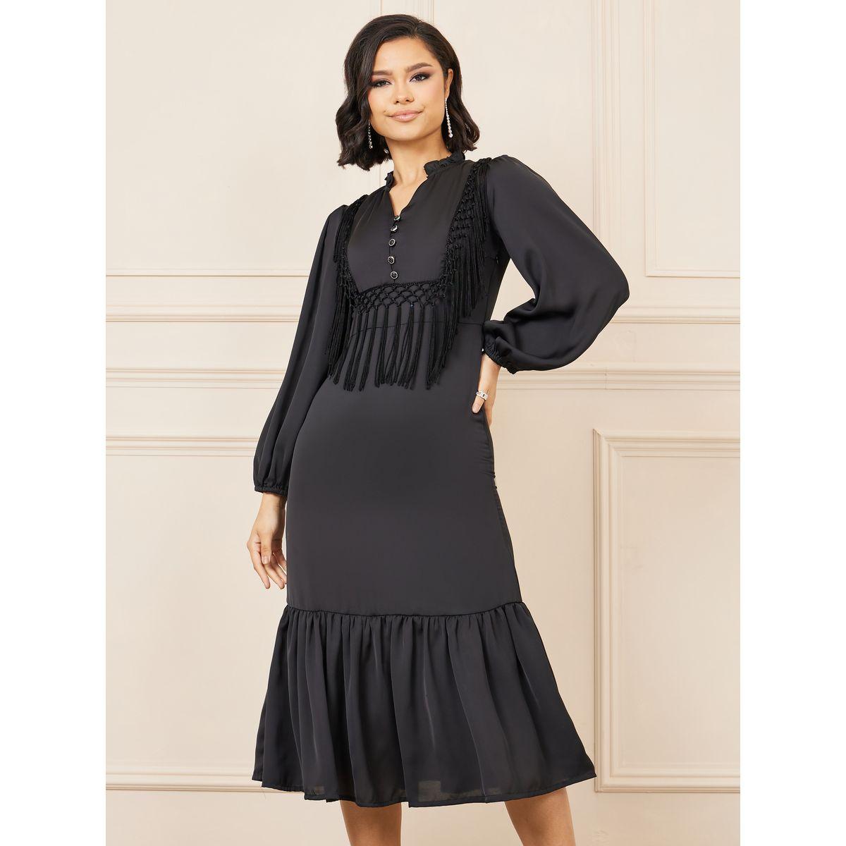 Styli Tassel Detail Notch Neck A-line Midi Dress-women-clothing-dresses-image-2