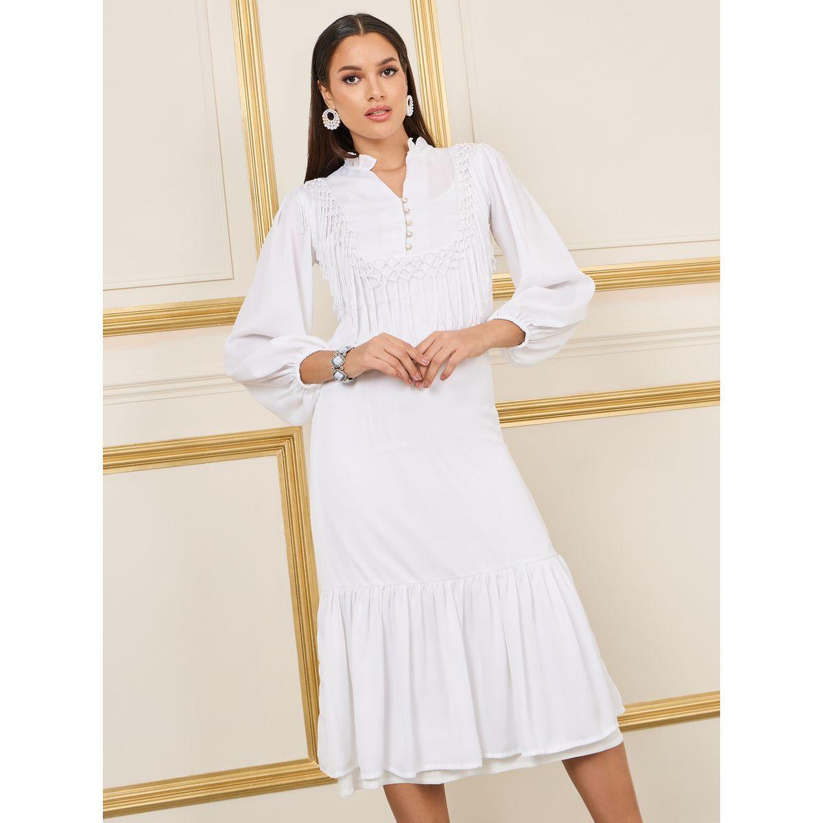 فستان ميدي مزين بشراشيب مع ياقة بشق-women-clothing-dresses-image-1