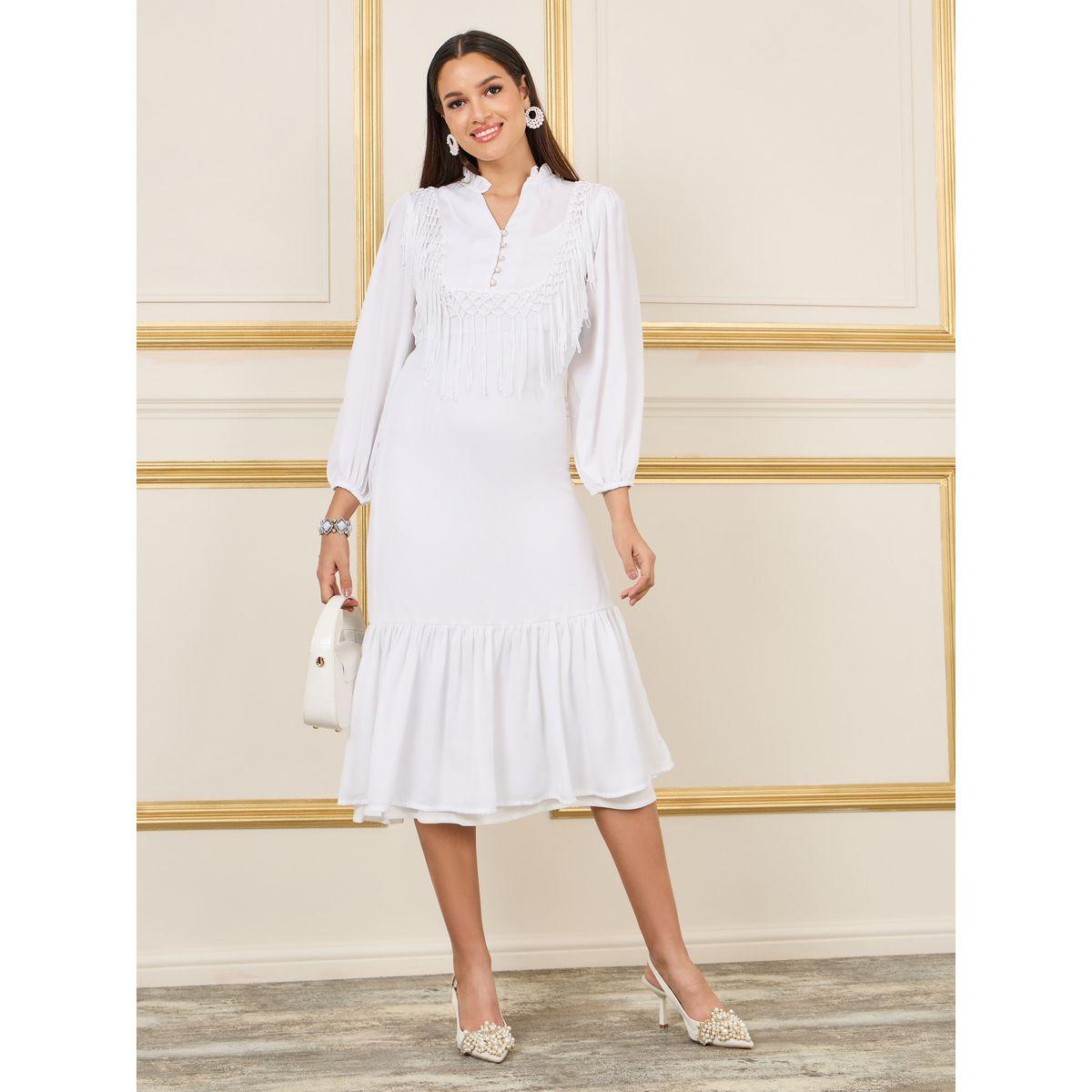فستان ميدي مزين بشراشيب مع ياقة بشق-women-clothing-dresses-image-2