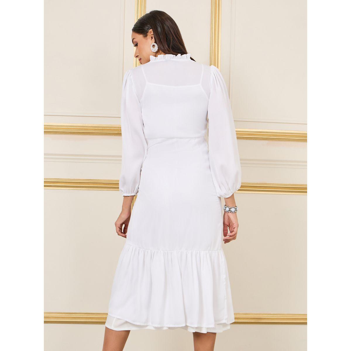 فستان ميدي مزين بشراشيب مع ياقة بشق-women-clothing-dresses-image-5
