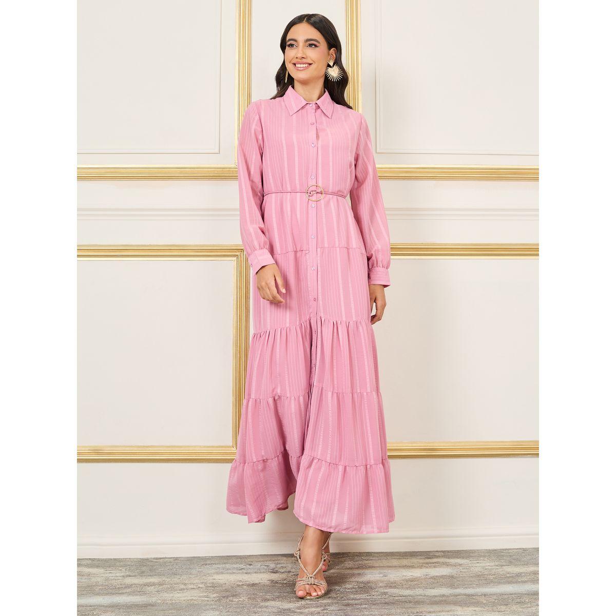 Styli Striped Tiered Shirt Maxi Dress with Buckle Self Tie Up-women-clothing-dresses-image-1
