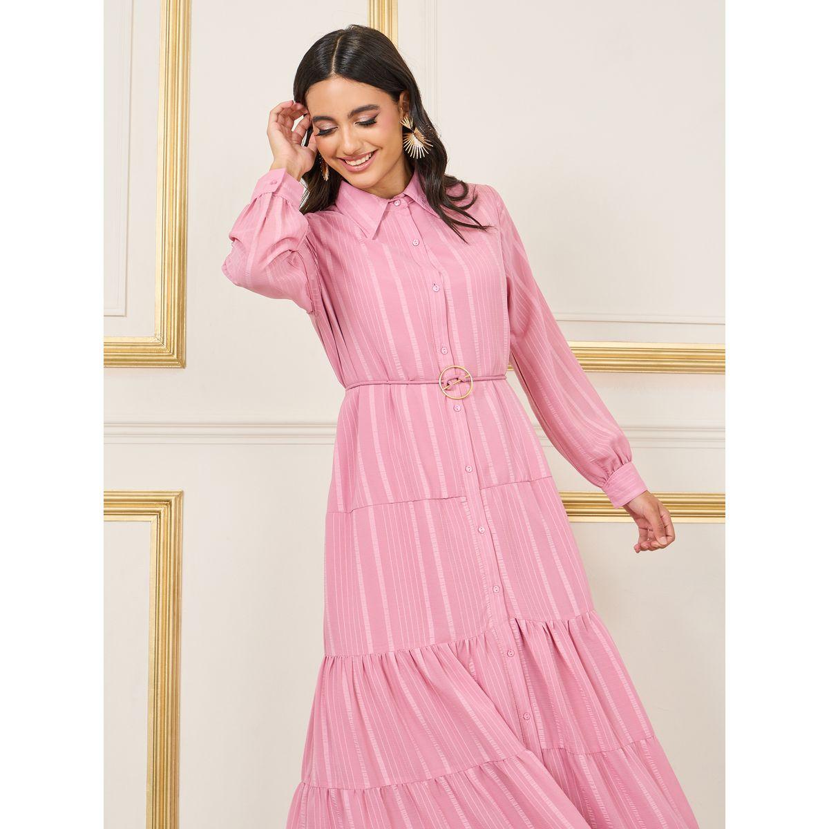 Styli Striped Tiered Shirt Maxi Dress with Buckle Self Tie Up-women-clothing-dresses-image-2