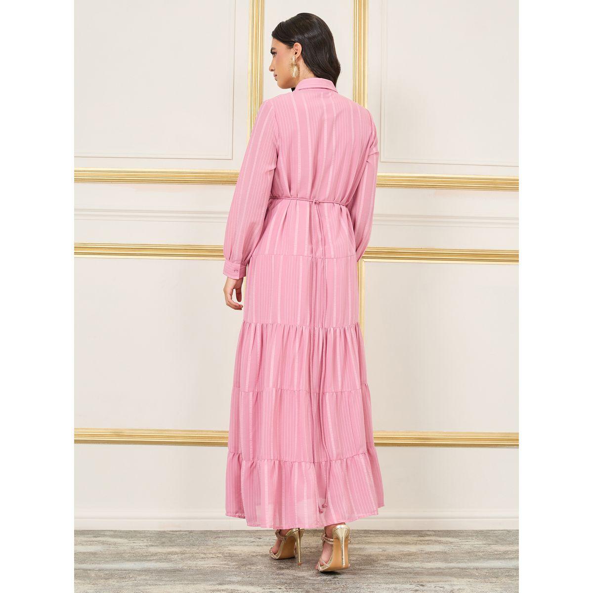 قميص مخطط بطبقات أنيقة مع فستان ماكسي مع ربطة ساق ذاتية بمشبك-women-clothing-dresses-image-4