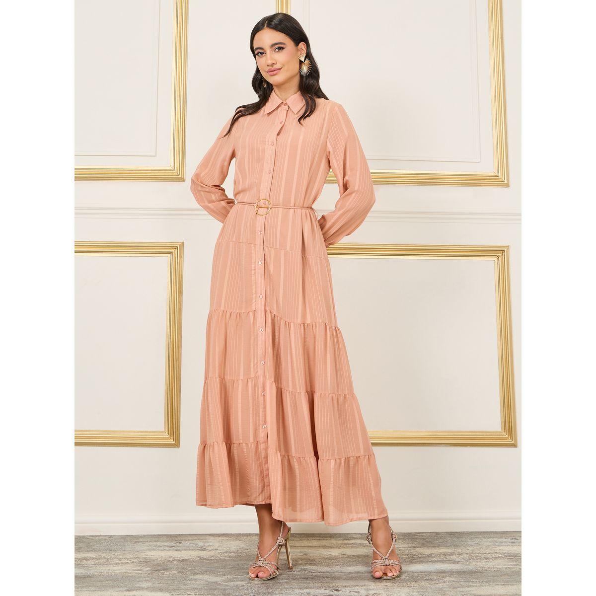 Styli Striped Tiered Shirt Maxi Dress with Buckle Self Tie Up-women-clothing-dresses-image-1