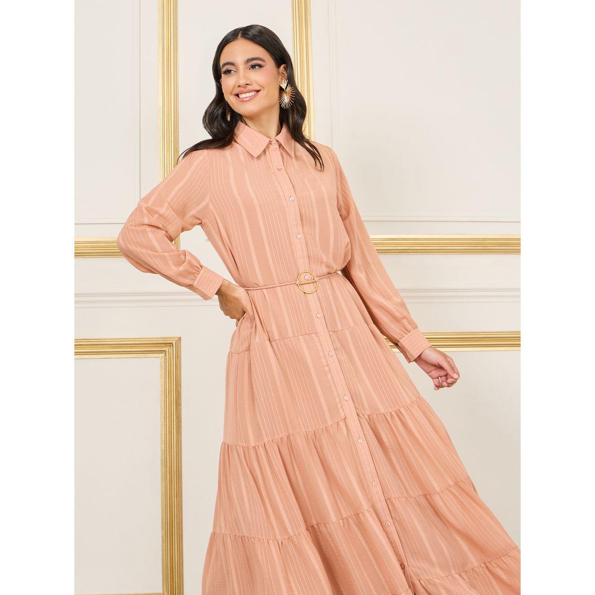 Styli Striped Tiered Shirt Maxi Dress with Buckle Self Tie Up-women-clothing-dresses-image-2