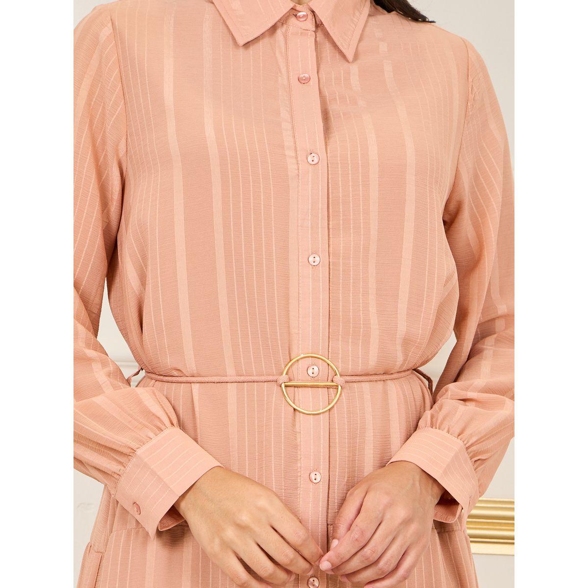 Styli Striped Tiered Shirt Maxi Dress with Buckle Self Tie Up-women-clothing-dresses-image-3