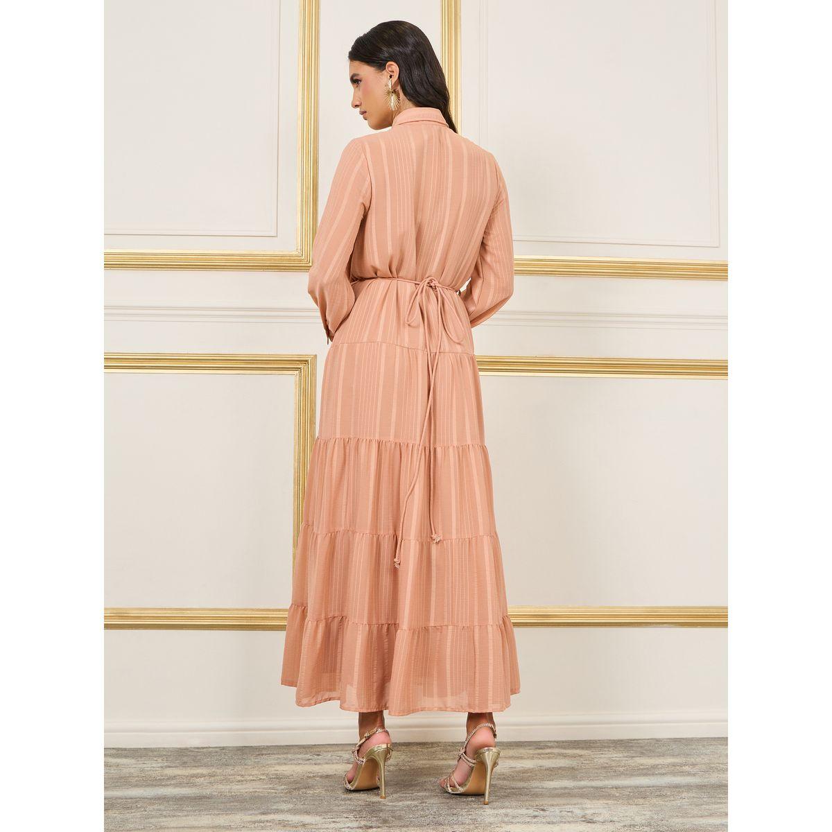 Styli Striped Tiered Shirt Maxi Dress with Buckle Self Tie Up-women-clothing-dresses-image-4
