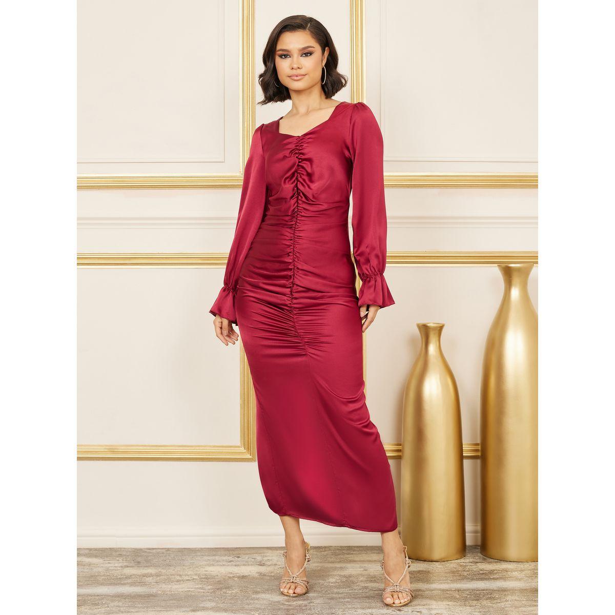فستان ساتان طويل ضيق بتفاصيل مزمومة-women-clothing-dresses-image-2