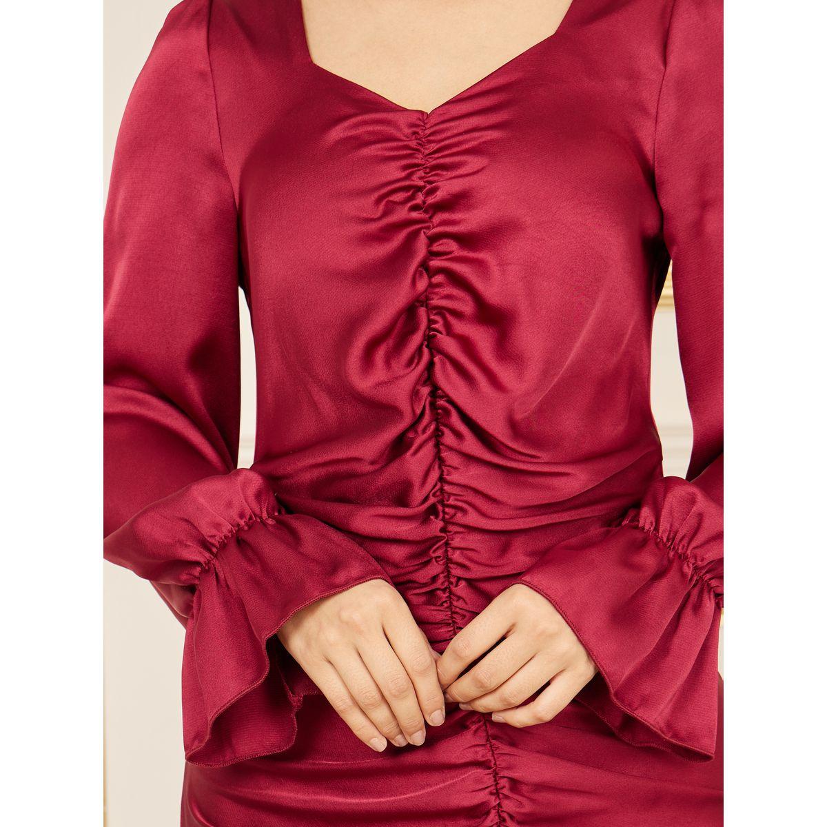 فستان ساتان طويل ضيق بتفاصيل مزمومة-women-clothing-dresses-image-4