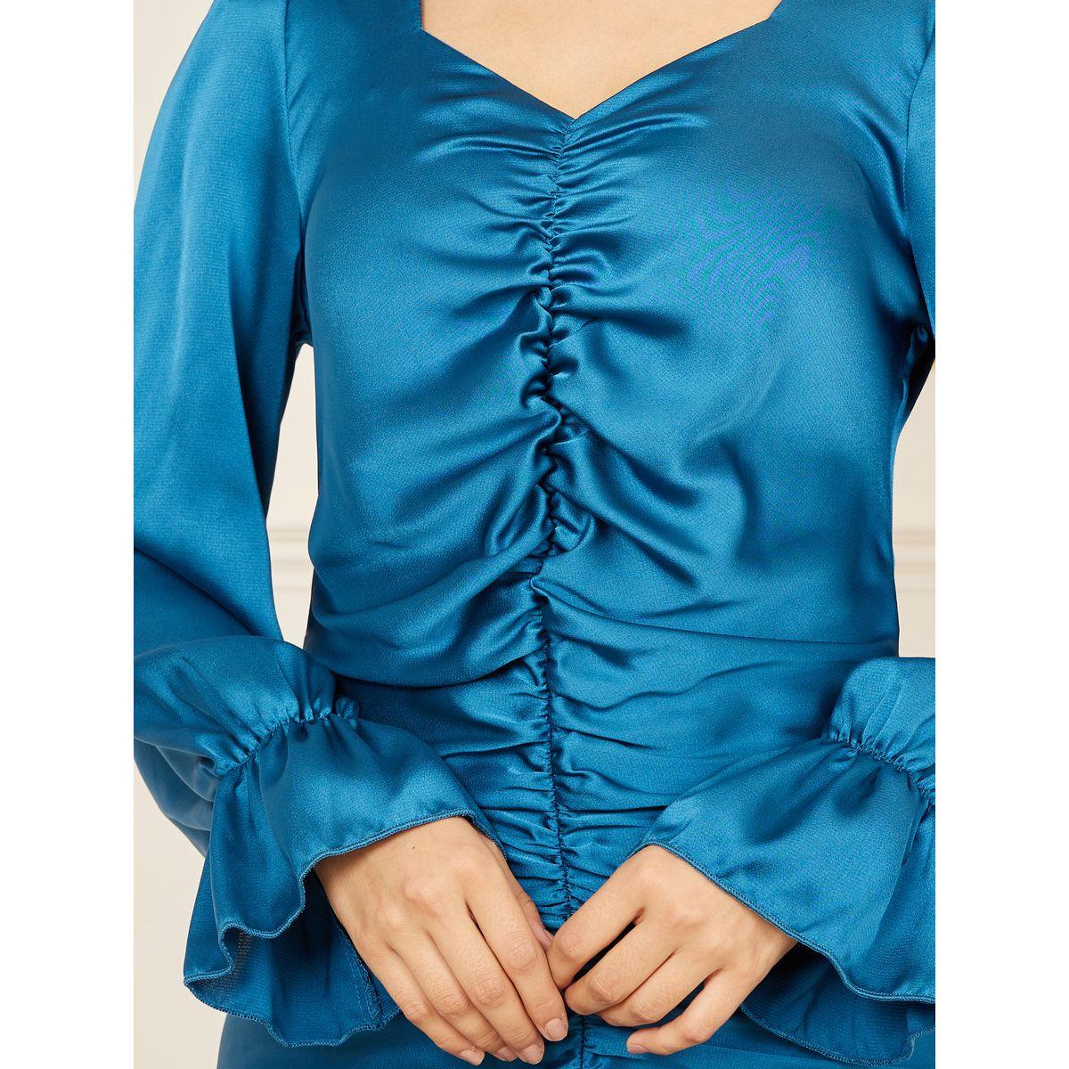فستان طويل ساتان ضيق بتفاصيل مزمومة-women-clothing-dresses-image-3