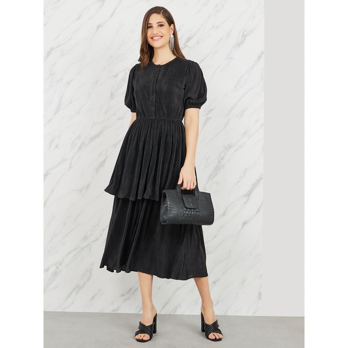 Styli Plisse Front Button Closure Layered Tiered Midi Dress-women-clothing-dresses-image-1