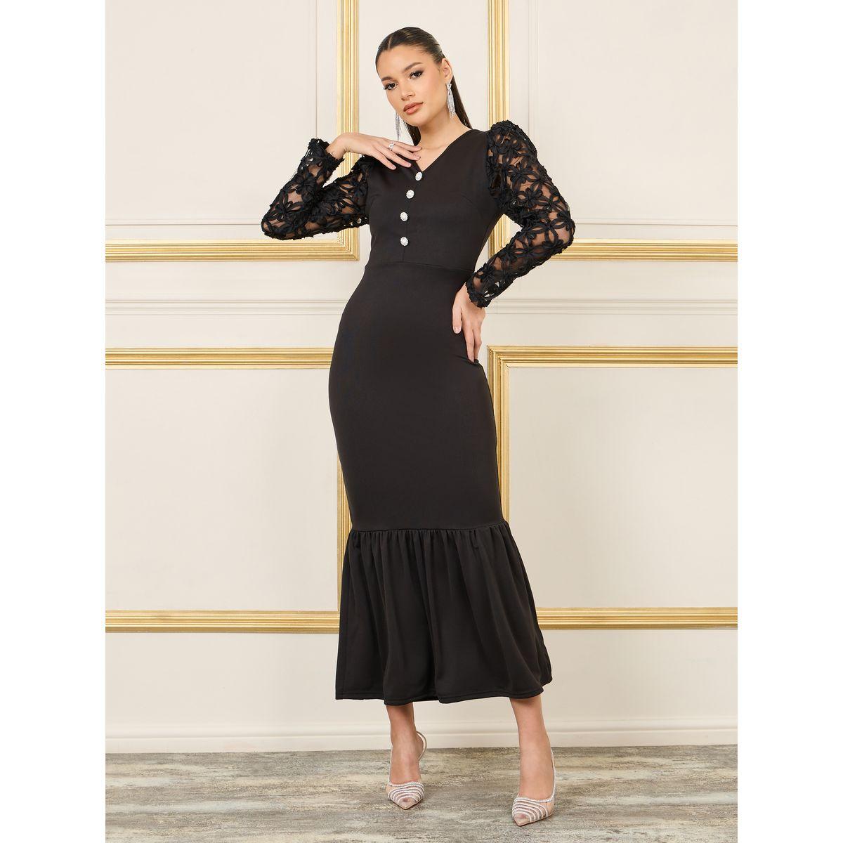 Styli Lace Sleeves Button Detail Mermaid Midi Dress-women-clothing-dresses-image-1
