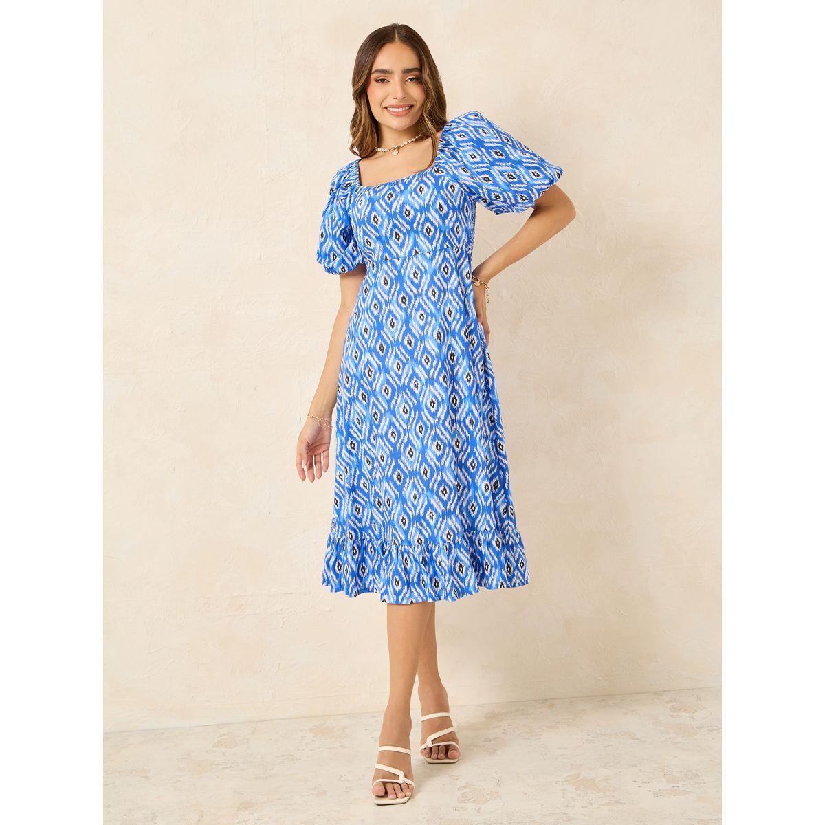 فستان ميدي بياقة واسعة وطبعة ايكات-women-clothing-dresses-image-1