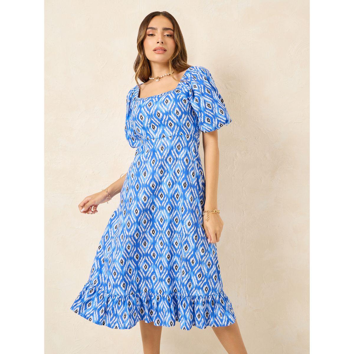 فستان ميدي بياقة واسعة وطبعة ايكات-women-clothing-dresses-image-2