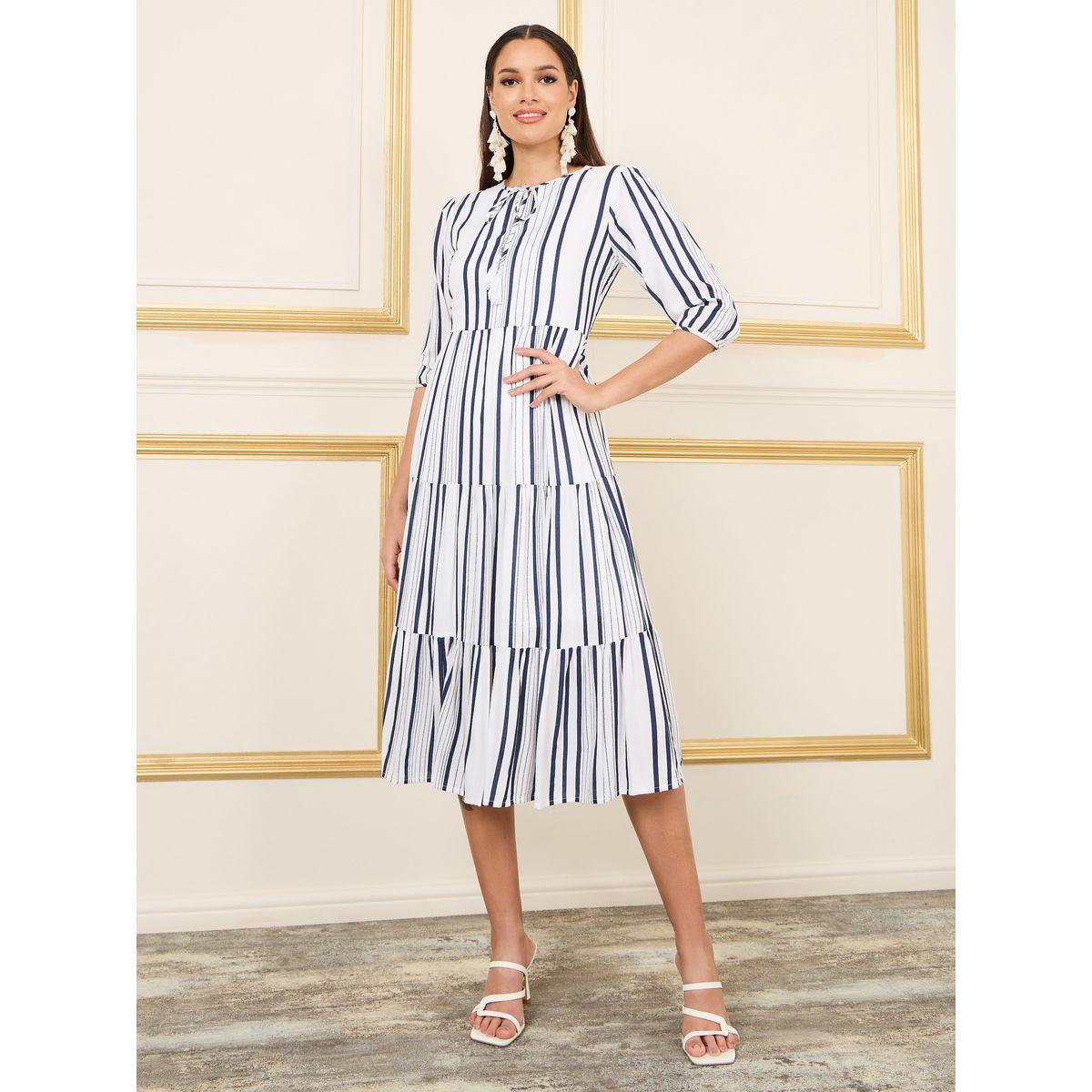 فستان ميدي بكسرات وياقة بأربطة-women-clothing-dresses-image-1