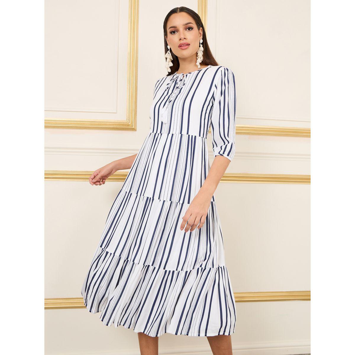 Styli Striped Tie Up Neck Tiered Midi Dress-women-clothing-dresses-image-2