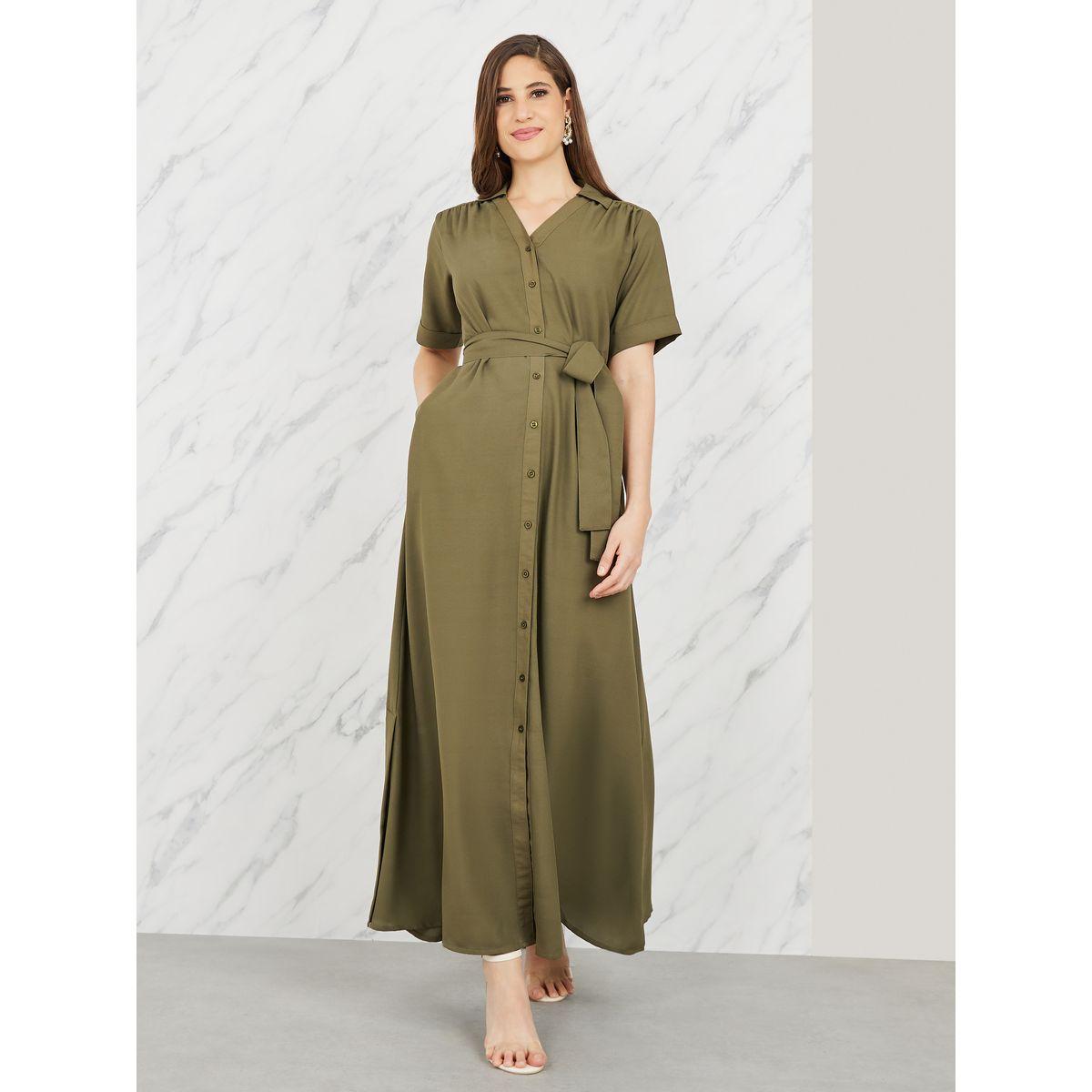 Styli Solid Collared Self Tie Up A-Line Shirt Maxi Dress-women-clothing-dresses-image-1