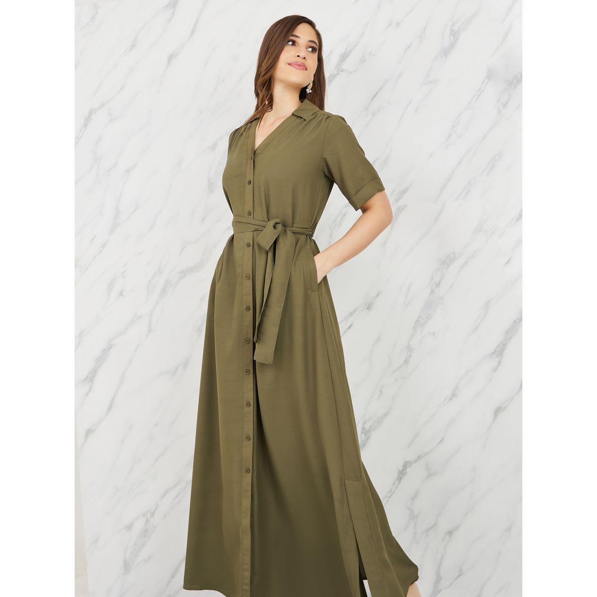 Styli Solid Collared Self Tie Up A-Line Shirt Maxi Dress-women-clothing-dresses-image-3