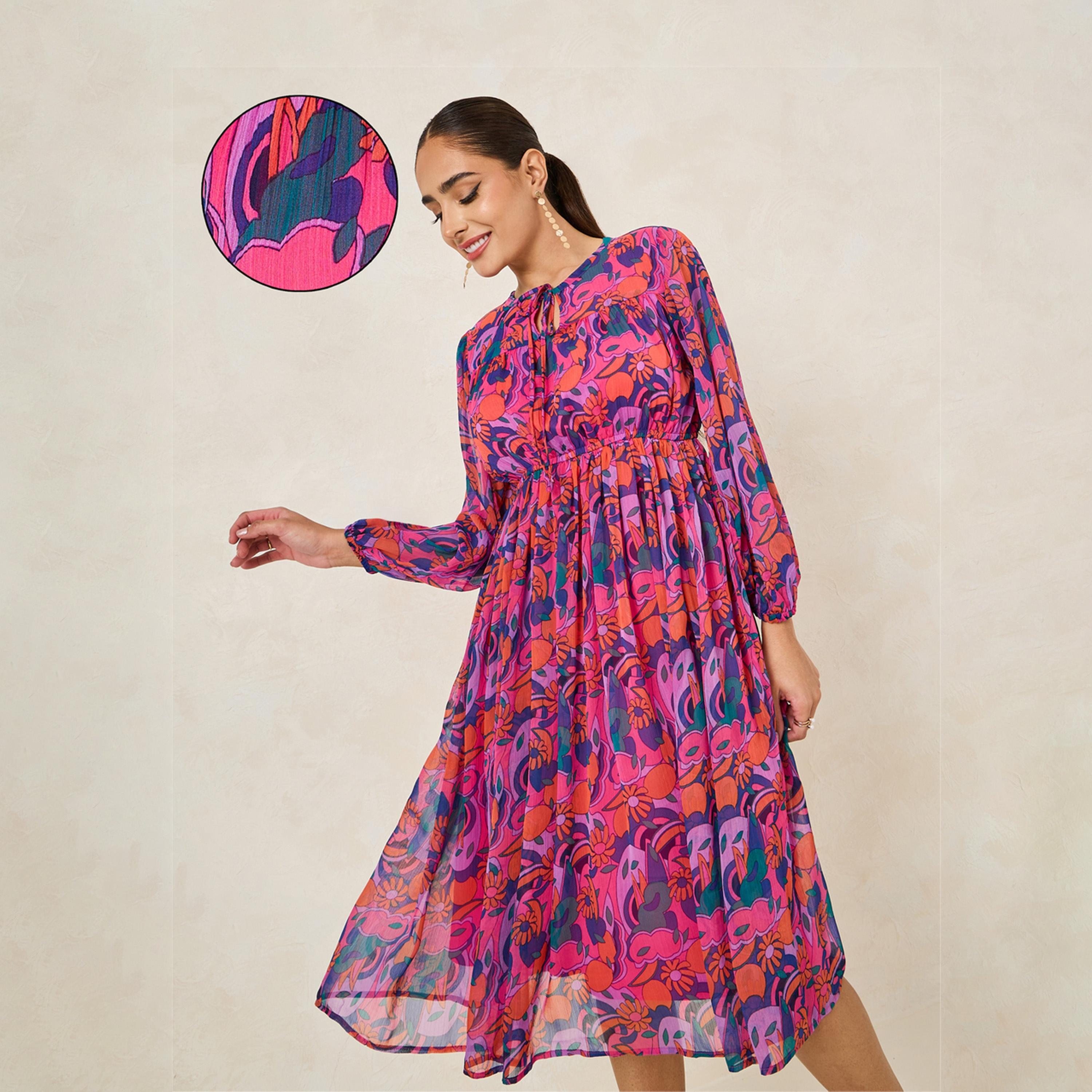 ستايلي - فستان ميدي بأكمام طويلة وطبعة كاملة-women-clothing-dresses-image-1