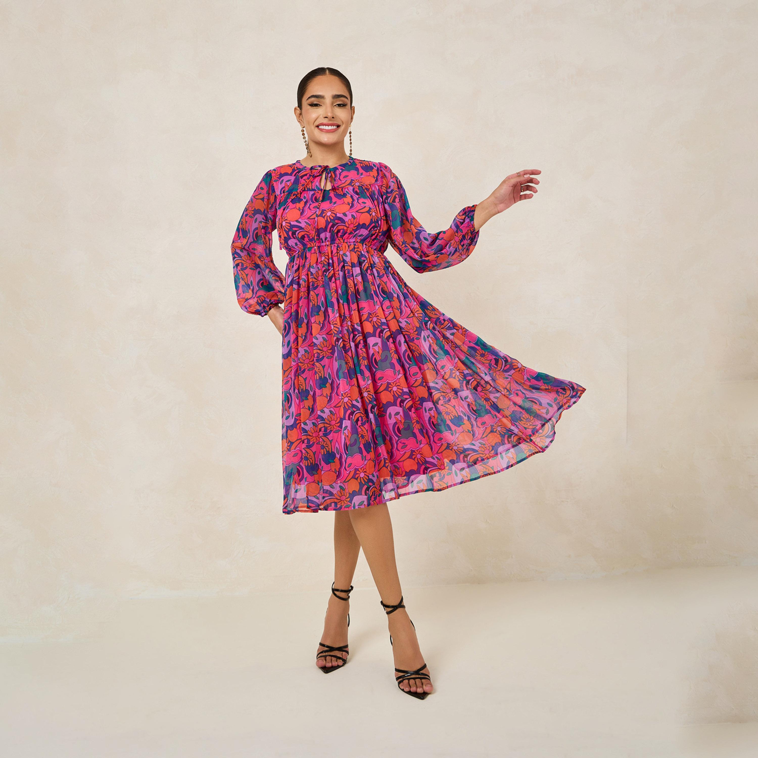 ستايلي - فستان ميدي بأكمام طويلة وطبعة كاملة-women-clothing-dresses-image-2