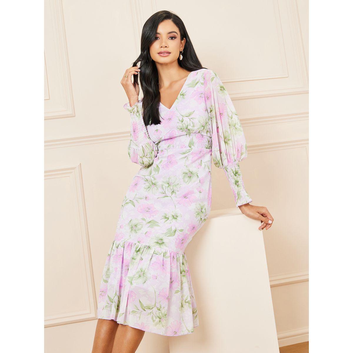 Styli Floral Print Smocked Detail Bodycon Midi Dress-women-clothing-dresses-image-1