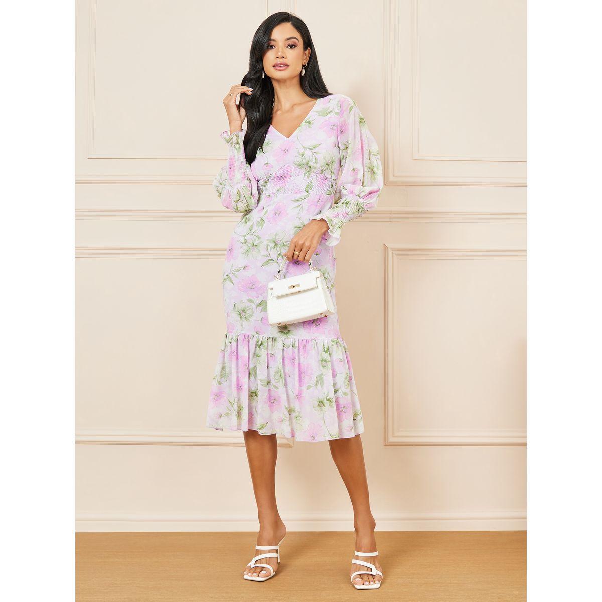 Styli Floral Print Smocked Detail Bodycon Midi Dress-women-clothing-dresses-image-2