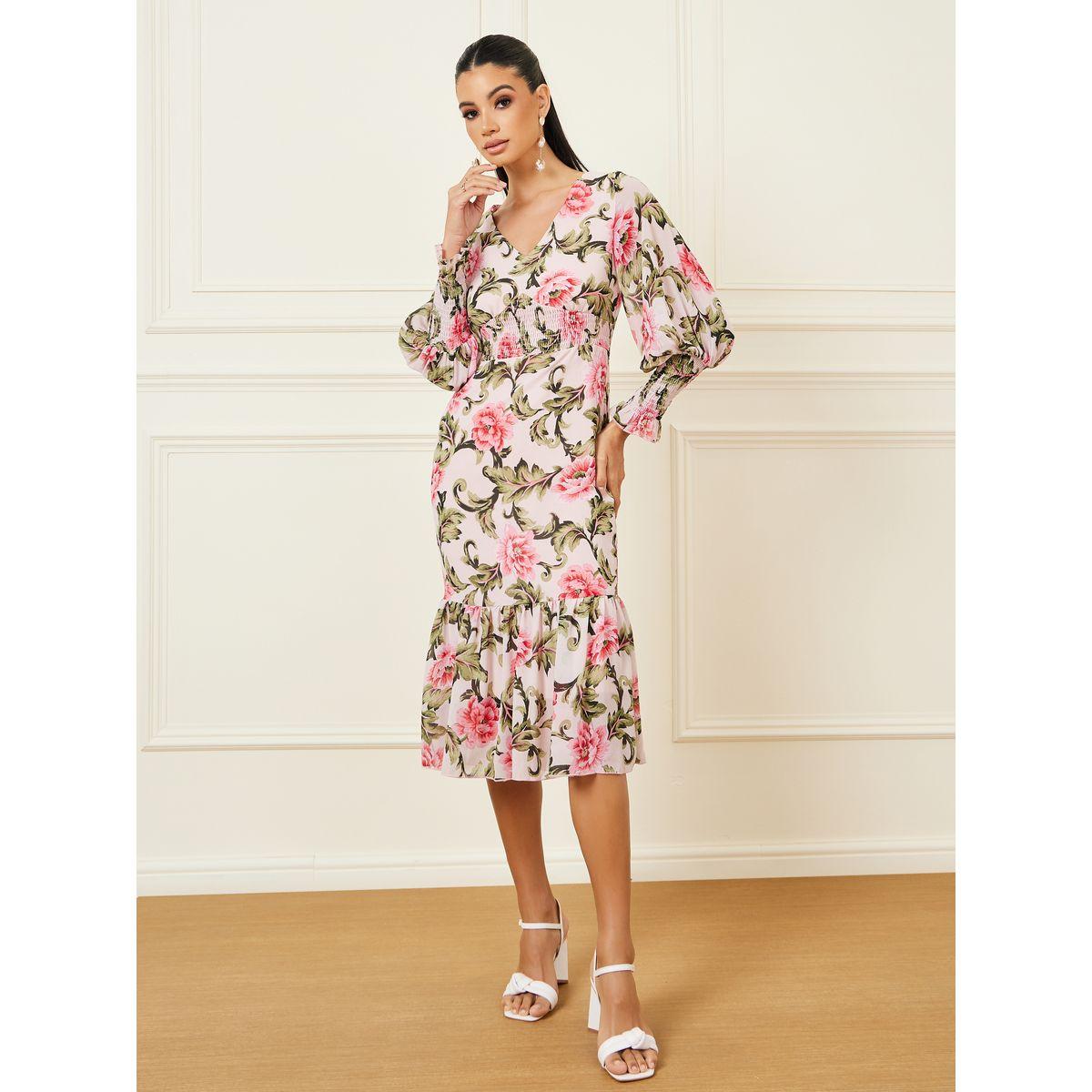 Styli Floral Print Smocked Detail Bodycon Midi Dress-women-clothing-dresses-image-1