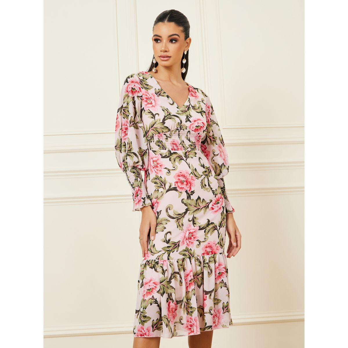 Styli Floral Print Smocked Detail Bodycon Midi Dress-women-clothing-dresses-image-2