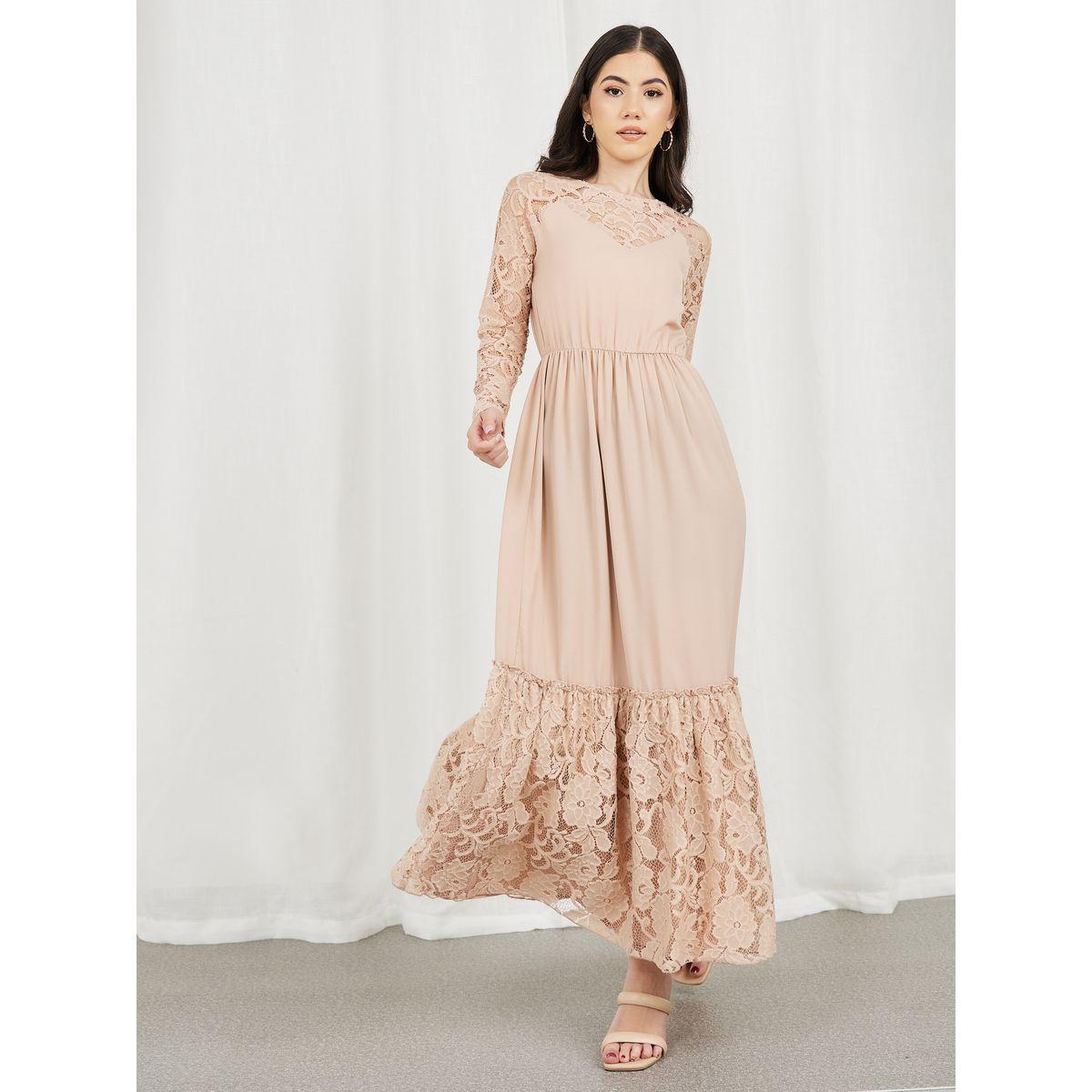 Styli Lace Sheer Detail A-Line Tiered Maxi Dress-women-clothing-dresses-image-1