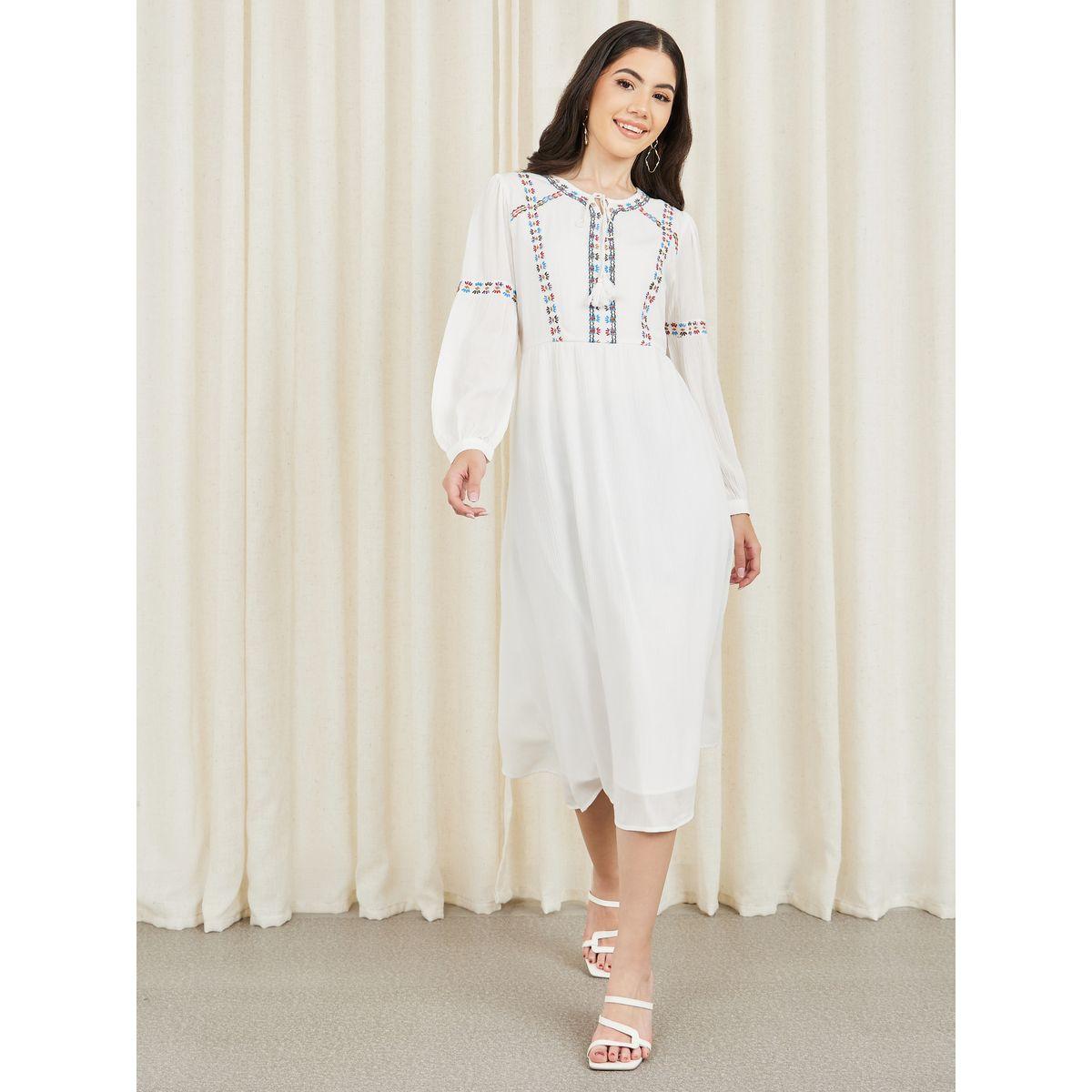 Styli Embroidered Tie Up Neck A-Line Midi Dress-women-clothing-dresses-image-1