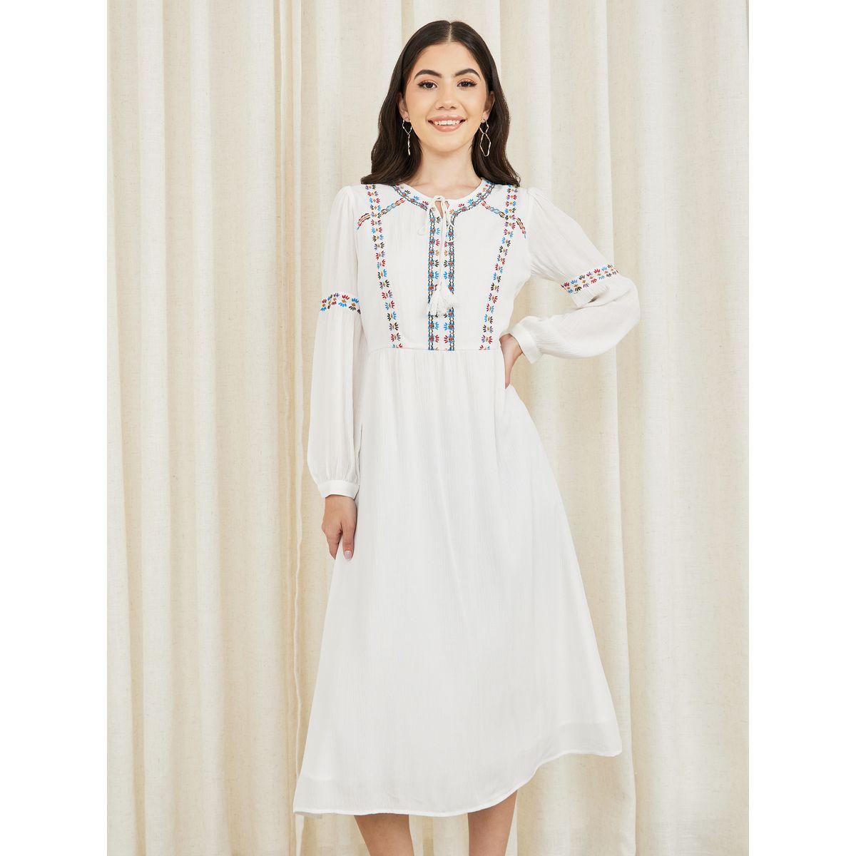 Styli Embroidered Tie Up Neck A-Line Midi Dress-women-clothing-dresses-image-2