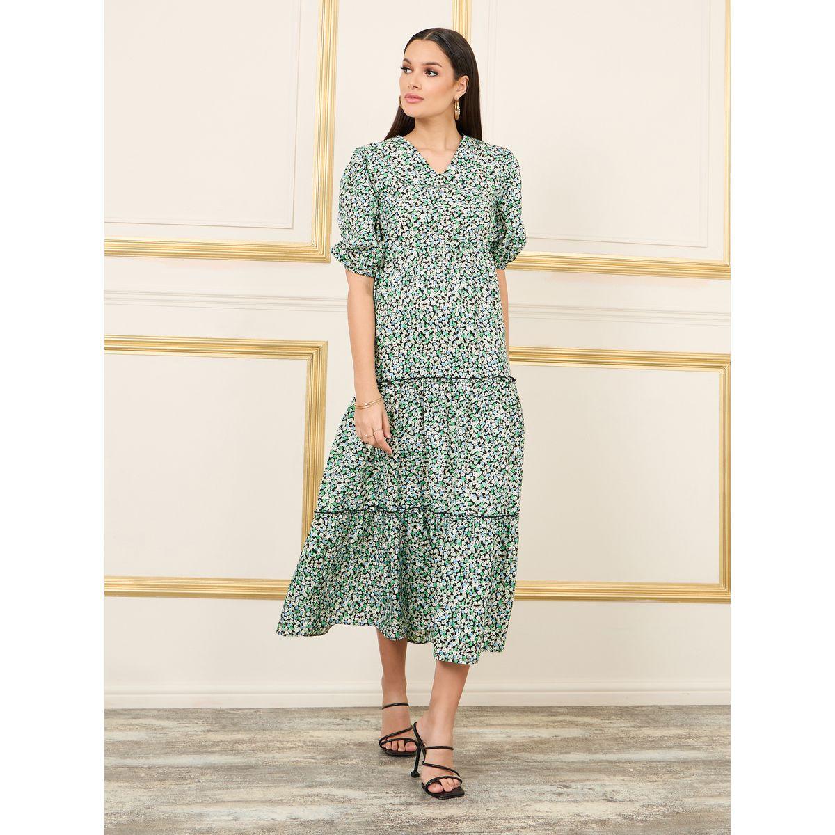 فستان ميدي بطبعة زهور صغيرة وكشكش-women-clothing-dresses-image-1