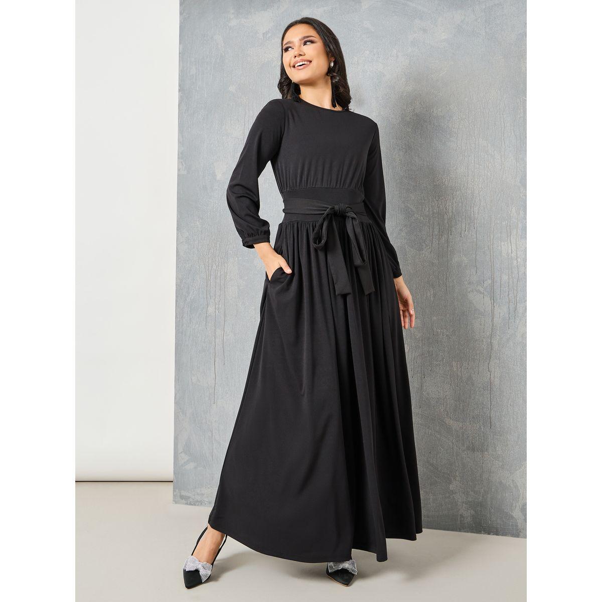 Styli Pocket Detail A-Line Maxi Dress with Tie Up Belt-women-clothing-dresses-image-1