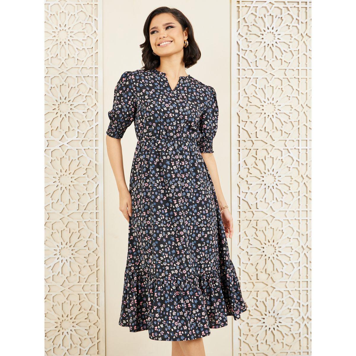 Styli Ditsy Floral Print Ruffle Hem A-Line Midi Dress-women-clothing-dresses-image-1