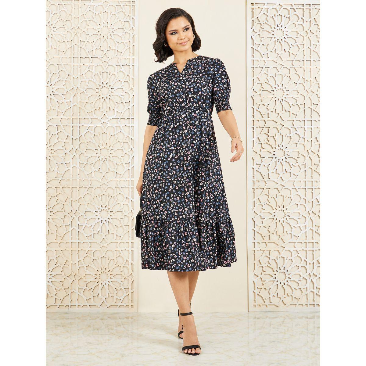 فستان ميدي مطبع بزهور صغيرة مع كشكش-women-clothing-dresses-image-2