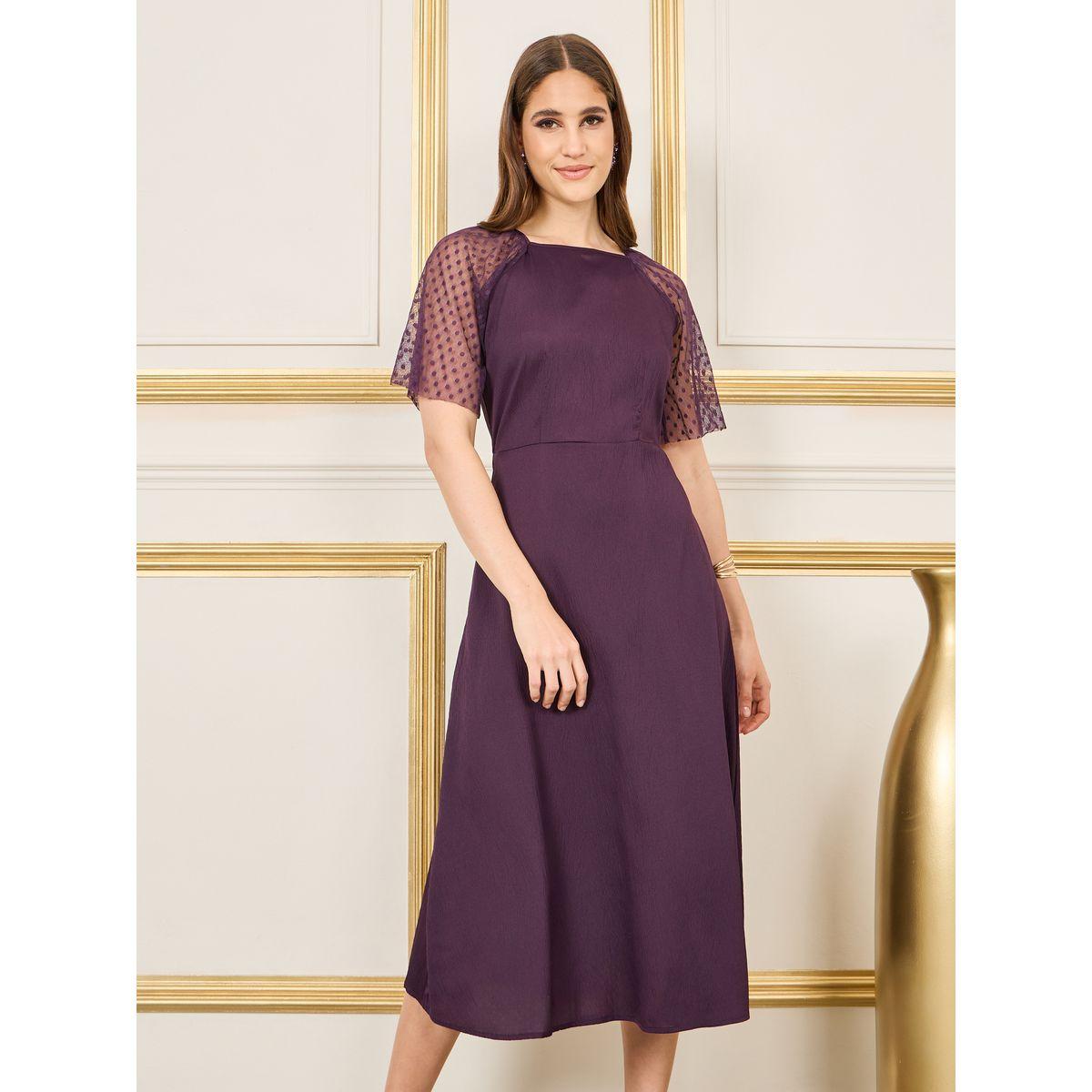 Styli Spot Mesh Sleeves Crepe A-Line Midi Dress-women-clothing-dresses-image-2