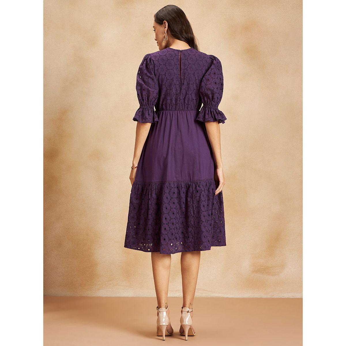 Femmella Cotton Schiffli Tiered Midi Dress with Puff Sleeve-women-clothing-dresses-image-1