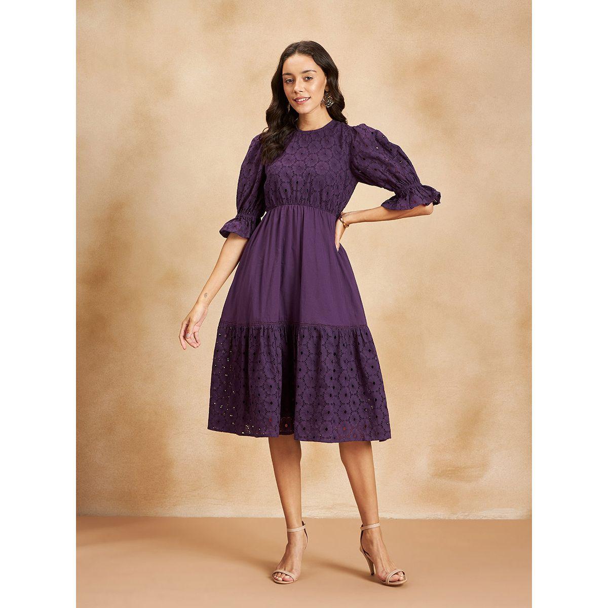 Femmella Cotton Schiffli Tiered Midi Dress with Puff Sleeve-women-clothing-dresses-image-2