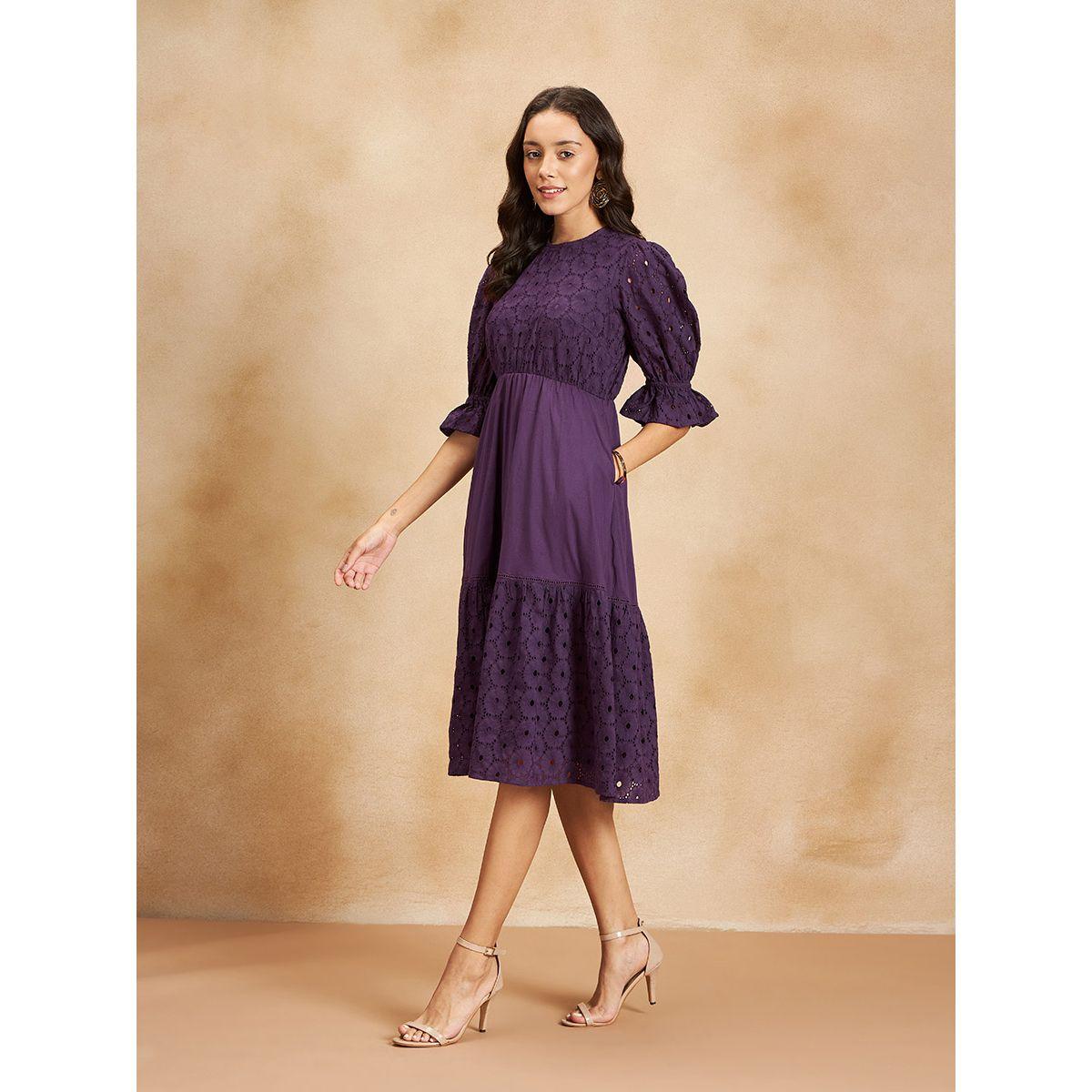 فستان ميدي بكسرات واكمام منفوخة-women-clothing-dresses-image-3