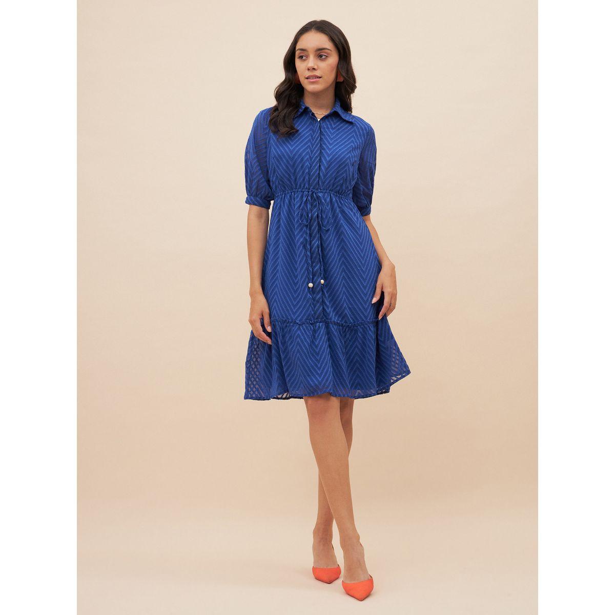 Femmella X Styli  Chevron Dobby Drawstring Detail Knee Length Dress-women-clothing-dresses-image-1