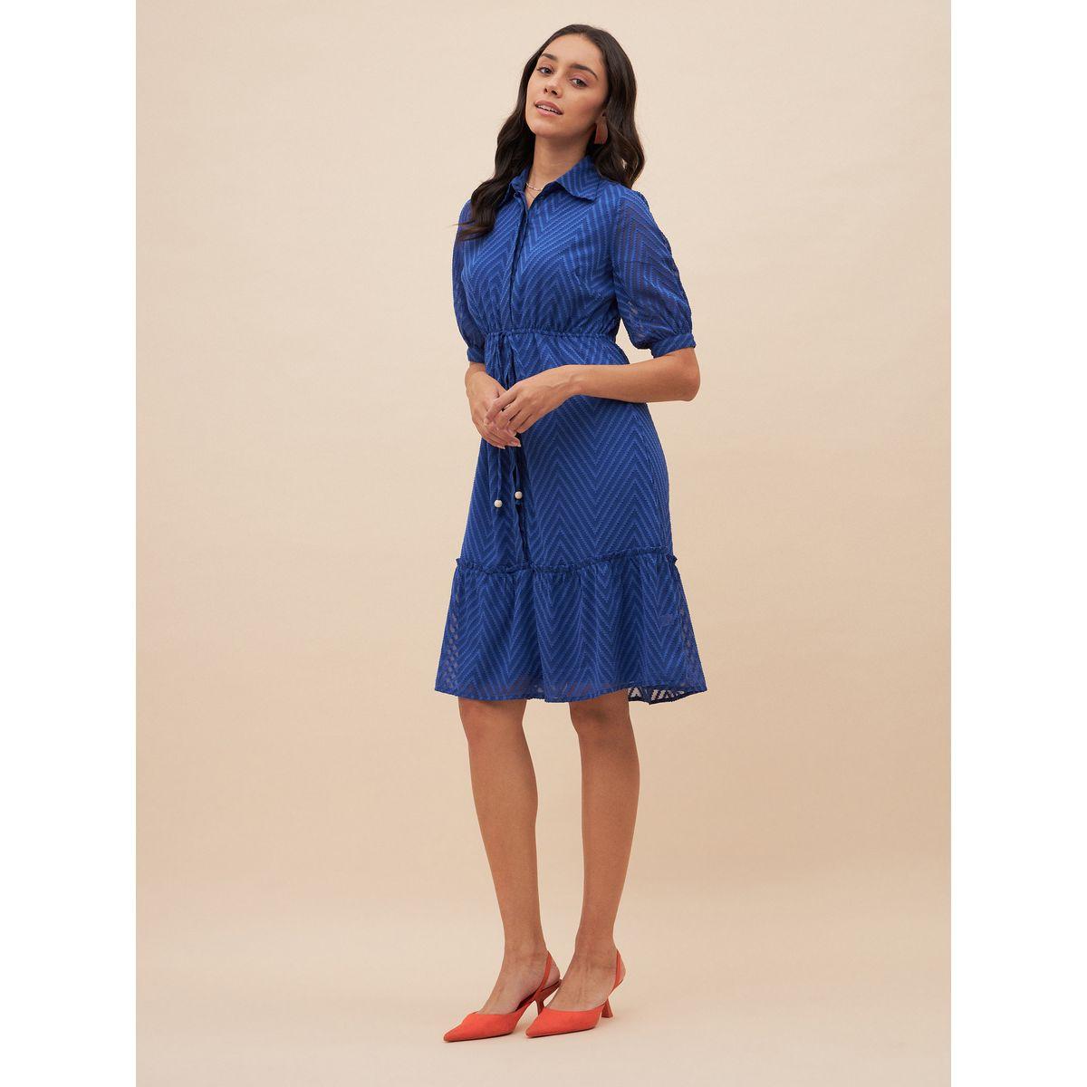 Femmella X Styli  Chevron Dobby Drawstring Detail Knee Length Dress-women-clothing-dresses-image-2