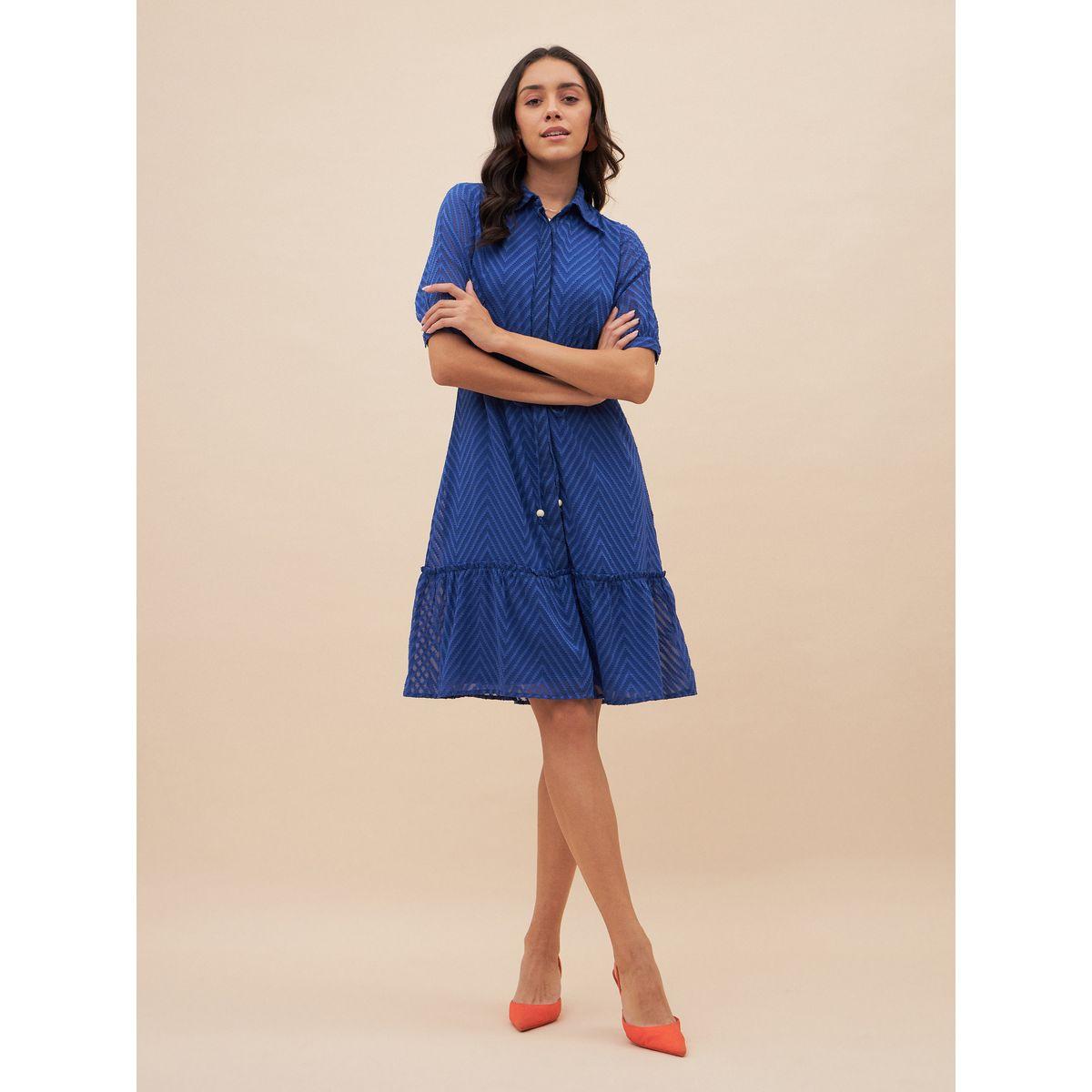 Femmella X Styli  Chevron Dobby Drawstring Detail Knee Length Dress-women-clothing-dresses-image-5